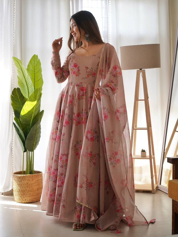 Gorgeous Beige Color Anarkali Gown With Belt