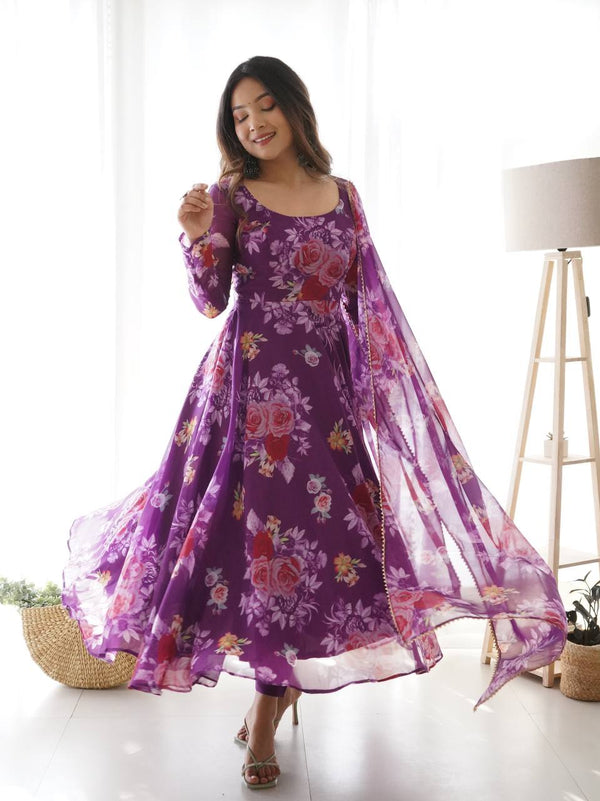 Festive Wear Purple Color Printed Organza Anarkali Gown