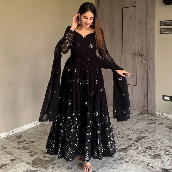 Enagagement Wear Black Pink Georgette With Embroidery Work Full Stitch Beautiful Anarkali Suit