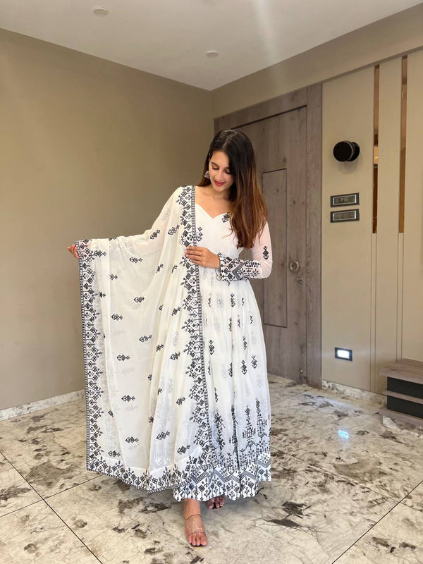 Exclusive White Color Georgette With Embroidery Work Full Stitch Beautiful Anarkali Suit