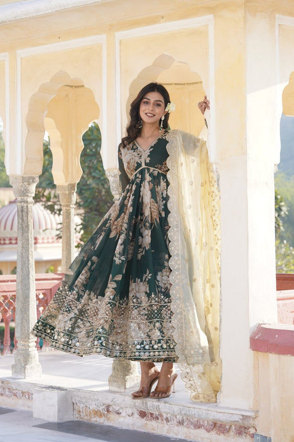 Ceremony Wear Green Color Digital Printed Russian Silk With Embroidery Zari Sequins Work Beautiful Anarkali Suit