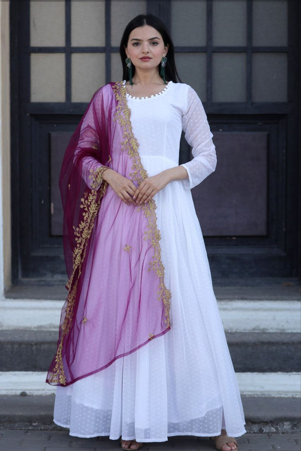 Gorgeous White Color Gown With Wine Dupatta