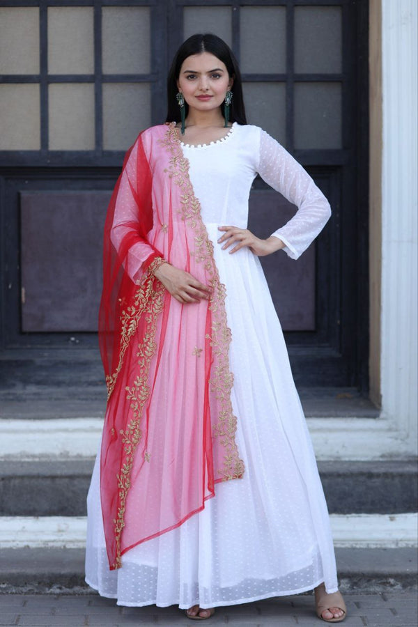 Gorgeous Red Color Gown With Yellow Dupatta