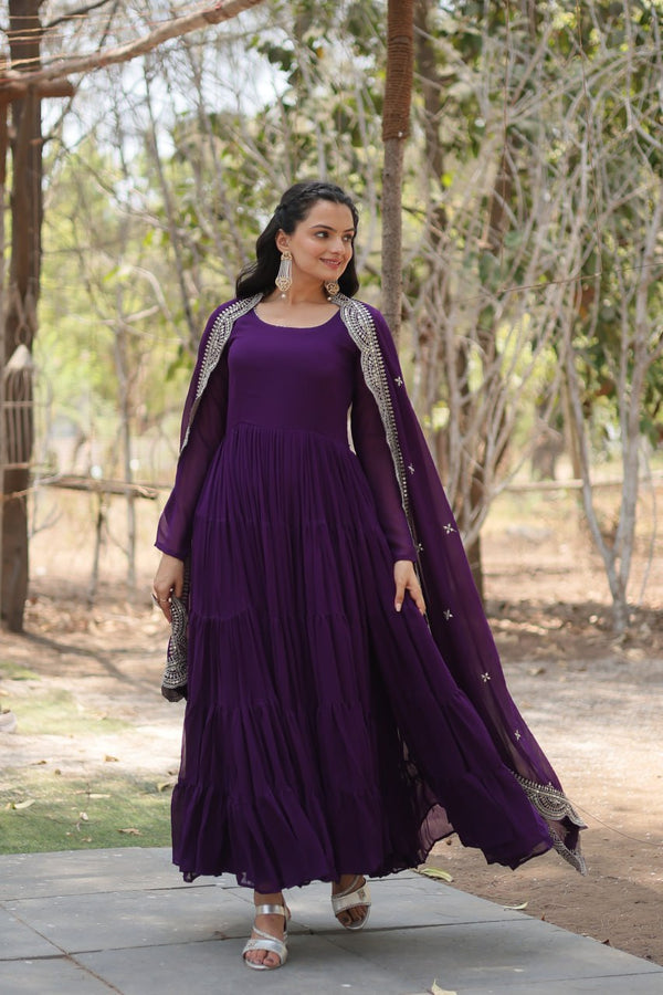 Ruffle Style Sequence Work Purple Color Gown With Dupatta
