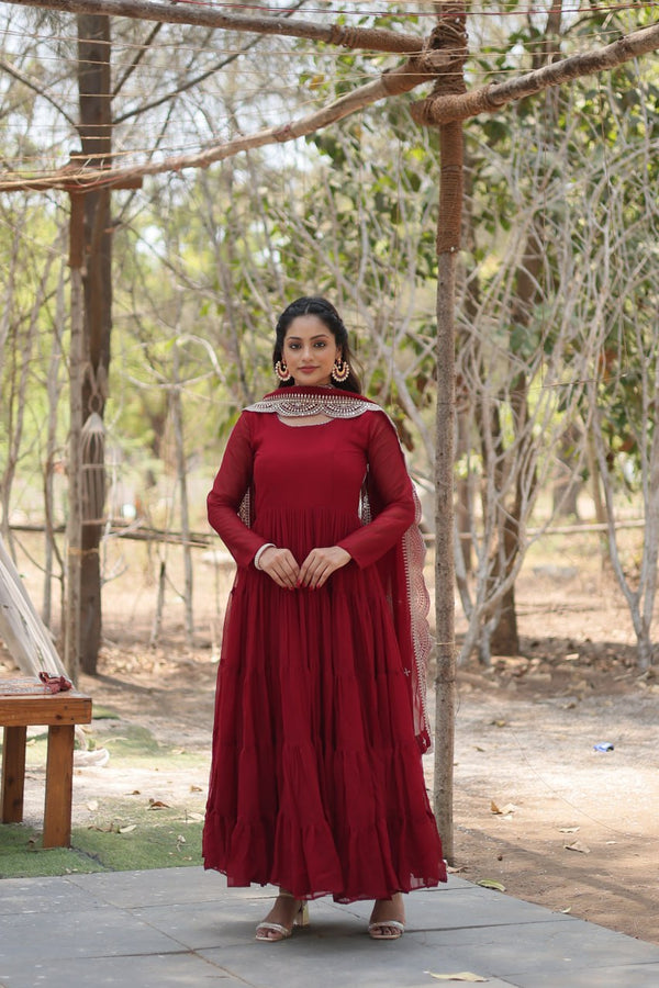Ruffle Style Sequence Work Maroon Color Gown With Dupatta