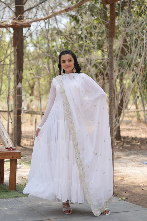 Ruffle Style Sequence Work White Color Gown With Dupatta