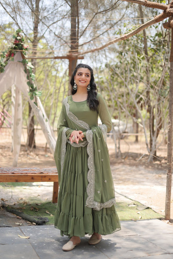 Ruffle Style Sequence Work Mehandi Color Gown With Dupatta