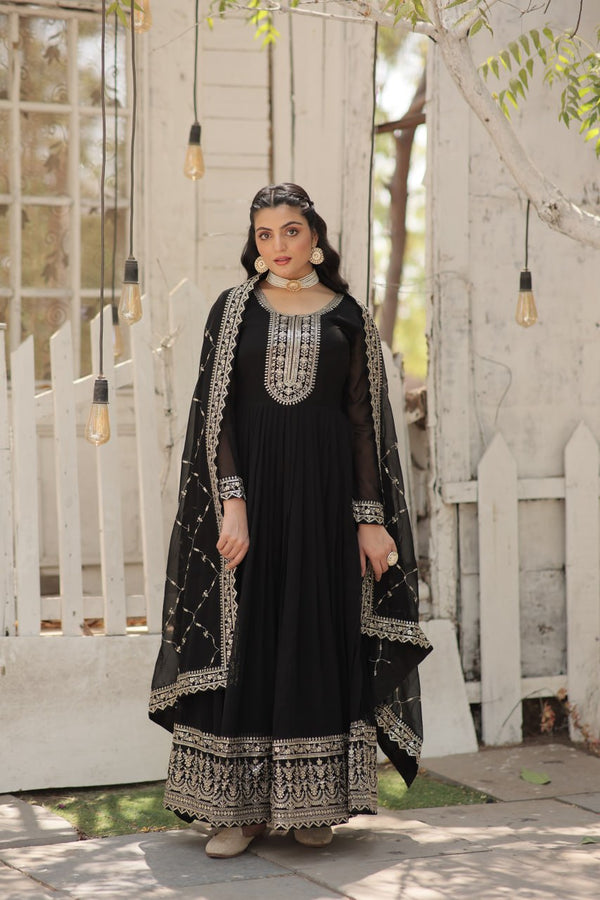 Designer Black Color Embroidered Work Gown