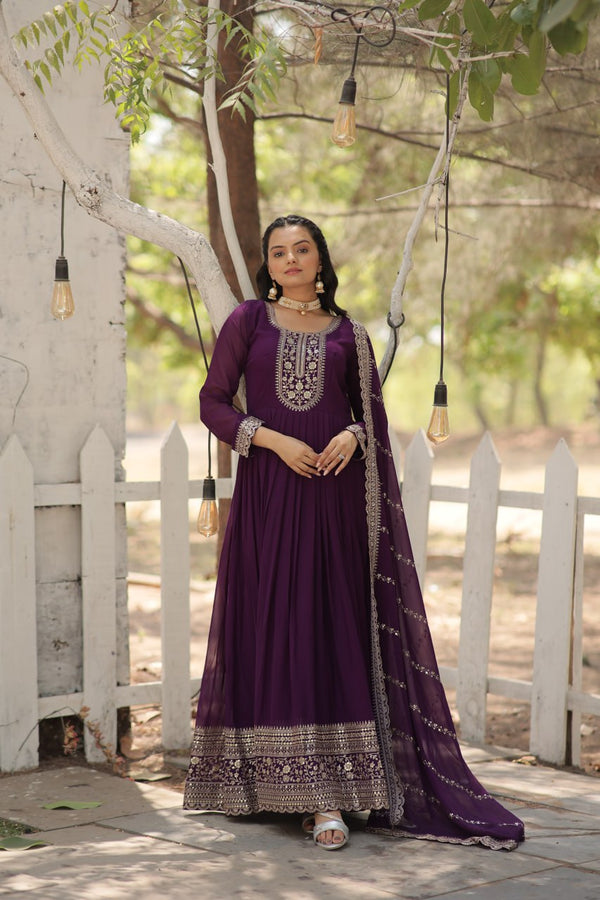 Designer Purple Color Embroidered Work Gown