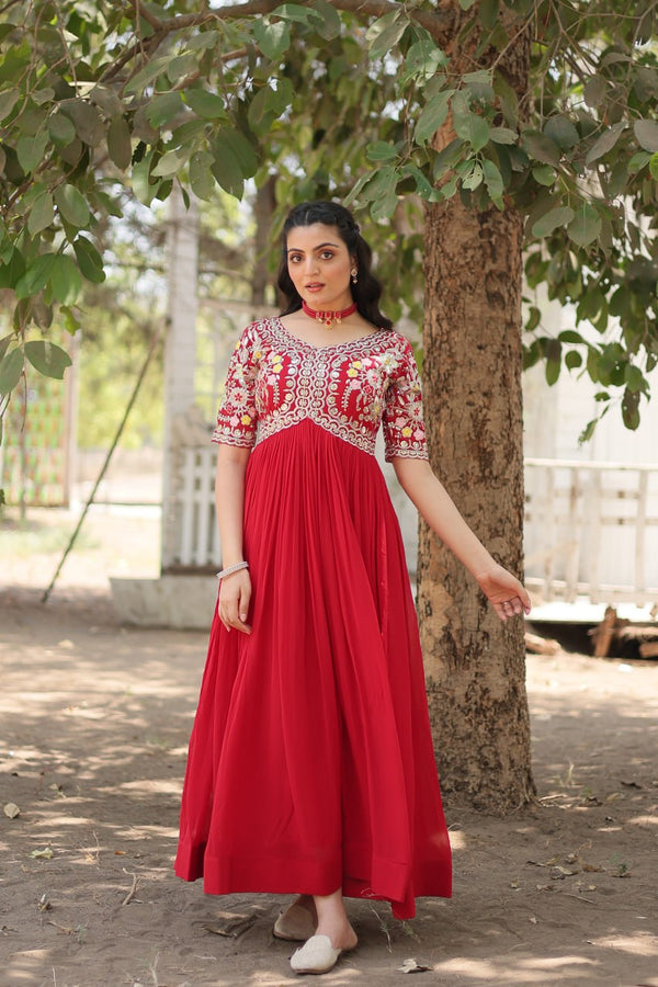 Festive Wear Red Color Embroidery Thread Work Gown