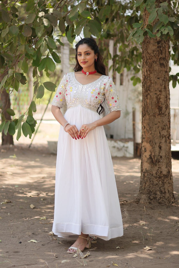 Festive Wear White Color Embroidery Thread Work Gown